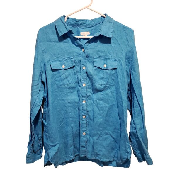 J. Jill Love 100% Linen Shirt Blue  Button Up Medium Boho Minimalist - Picture 1 of 9
